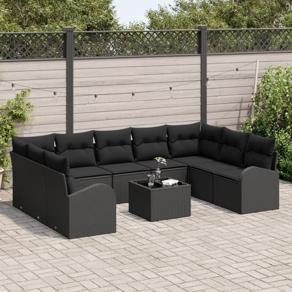 Soffset med kudde 10 pcs Svart Poly Rattan