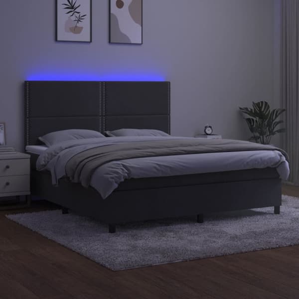 Ramsäng med madrass & LED mörkgrå 180x200 cm sammet