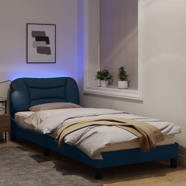 Bed Frame with LED without Mattress "Hvar" Blue 90x200 cm Fabric