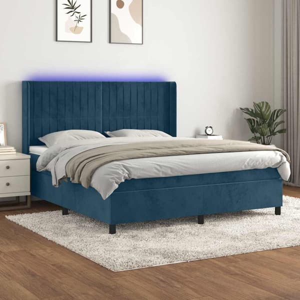 Ramsäng med madrass & LED mörkblå 160x200 cm sammet