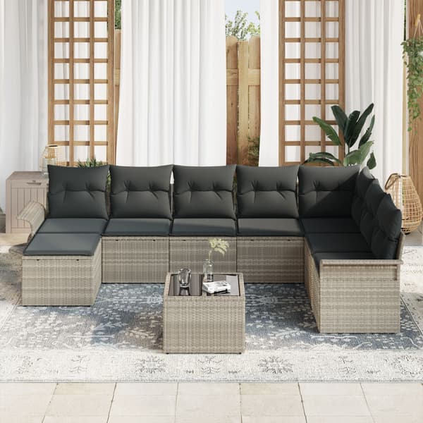 Trädgårdsoffset med kudde 9 pcs Ljusgrå Poly rattan