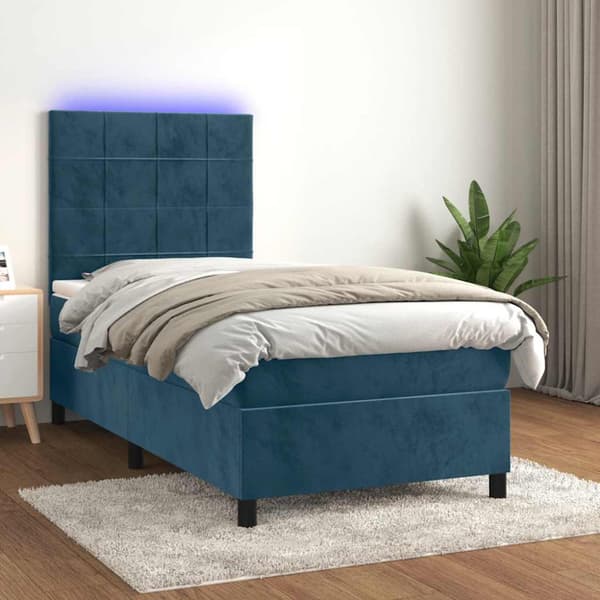 Ramsäng med madrass & LED mörkblå 80x200 cm sammet