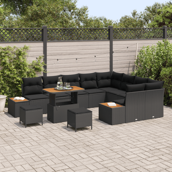 Trädgårdsoffset med kudde med lagring 12 pcs Svart Poly rattan