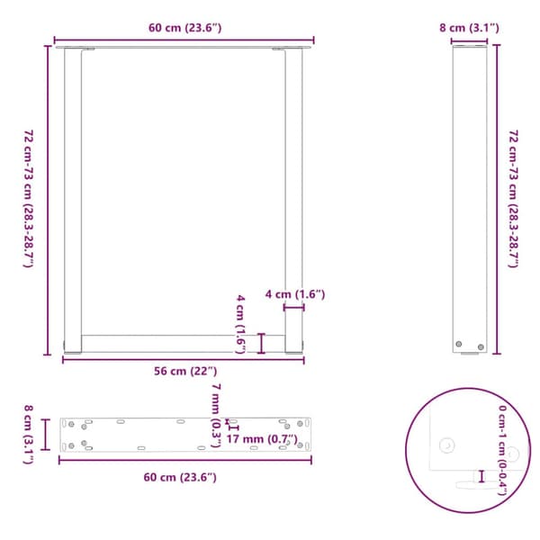Matbordsben U-formade 2 st antracit 60x(72-73) cm stål