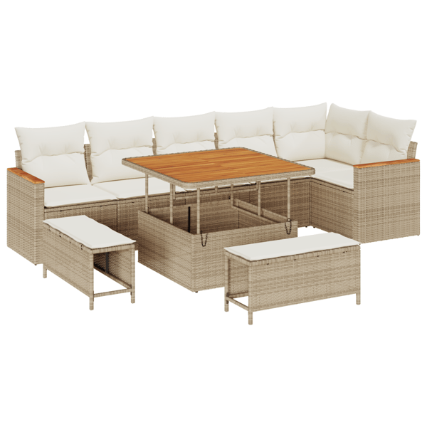 Trädgårdsoffset med kudde 9 pcs Beige Poly rattan