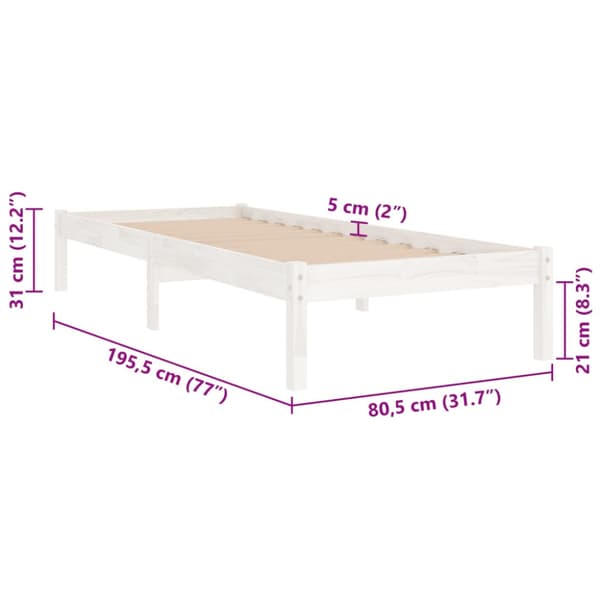 Sängram vit massivt trä 75x190 cm