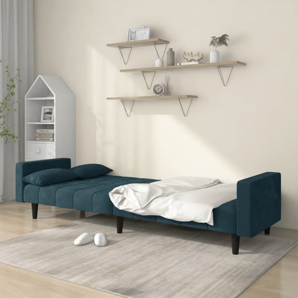 Bäddsoffa 2-sits med två kuddar blå sammet