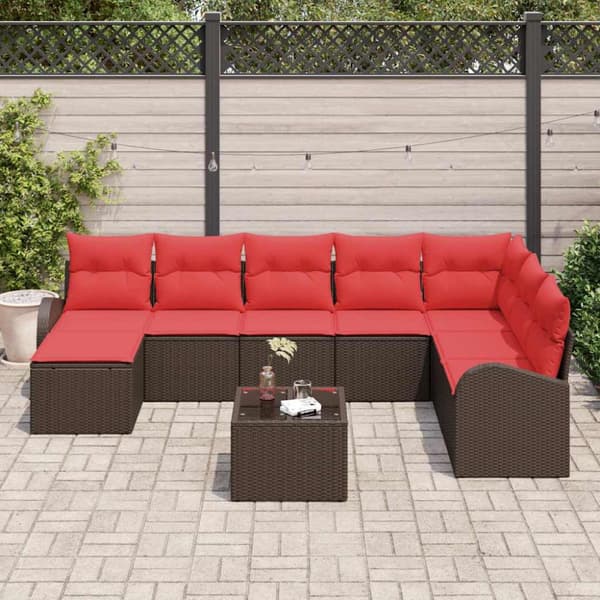 Trädgårdsoffset med kudde 9 pcs Brun Poly Rattan
