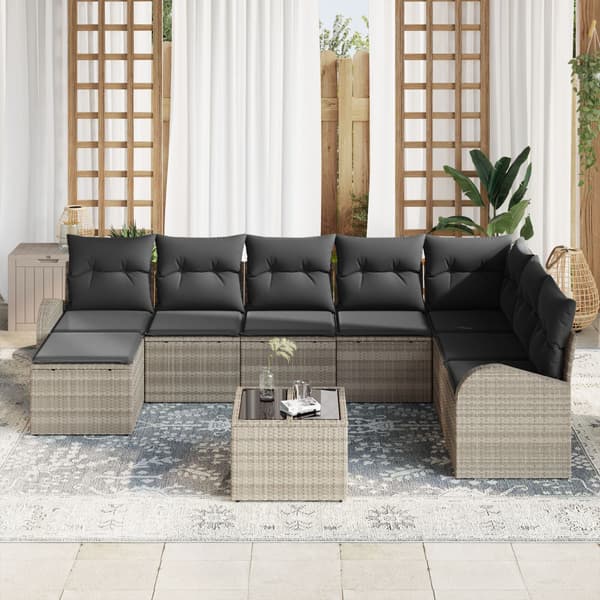 Trädgårdsoffset med kudde 9 pcs Ljusgrå Poly rattan