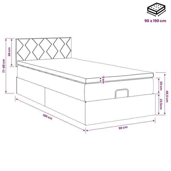 Ottoman säng med madrass Mörkgrå 90 x 190 cm Sammet