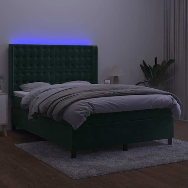 Ramsäng med madrass & LED mörkgrön 140x190 cm sammet