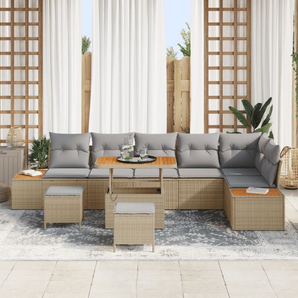 Trädgårdsoffset med kudde med lagring 9 pcs Beige Poly rattan