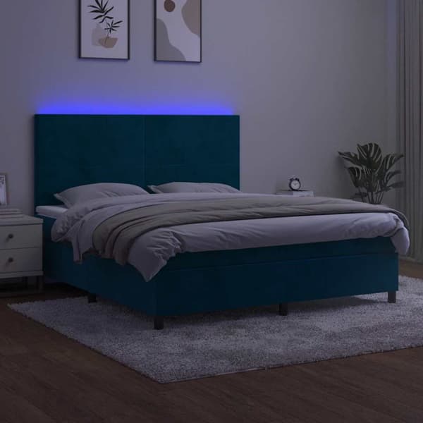 Ramsäng med madrass & LED mörkblå 180x200 cm sammet