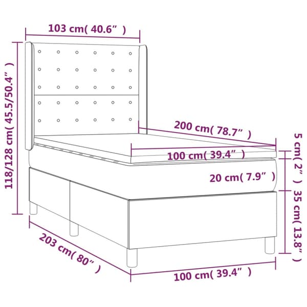 Ramsäng med madrass & LED mörkgrå 100x200 cm tyg