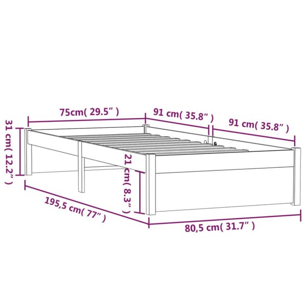 Sängram vit massivt trä 75x190 cm