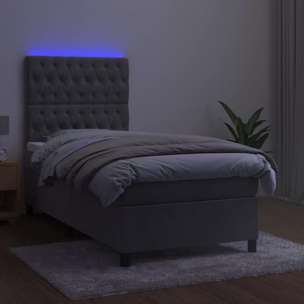 Ramsäng med madrass & LED ljusgrå 90x190 cm sammet