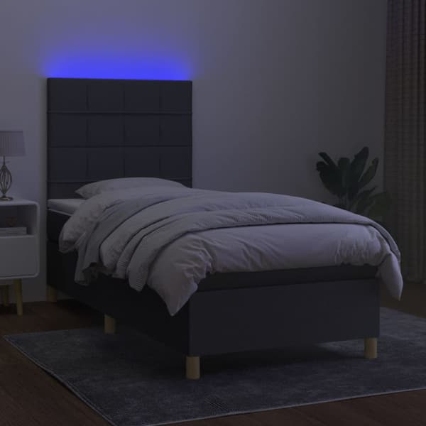 Ramsäng med madrass & LED mörkgrå 90x190 cm tyg