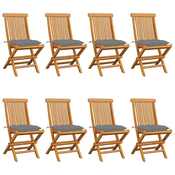 Trädgårdsstolar med grå dynor 8 st massiv teak