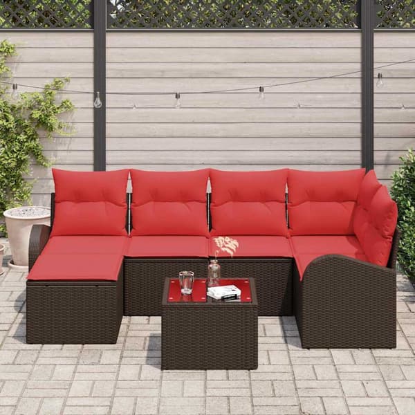 Trädgårdsoffset med kudde 7 pcs Brun Poly Rattan