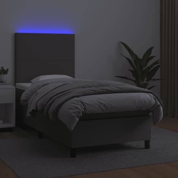 Ramsäng med madrass & LED grå 100x200 cm konstläder