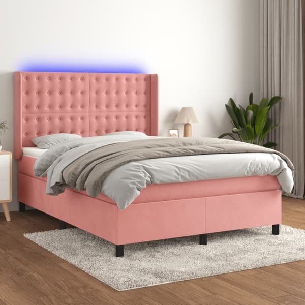 Ramsäng med madrass rosa & LED 140x200 cm sammet