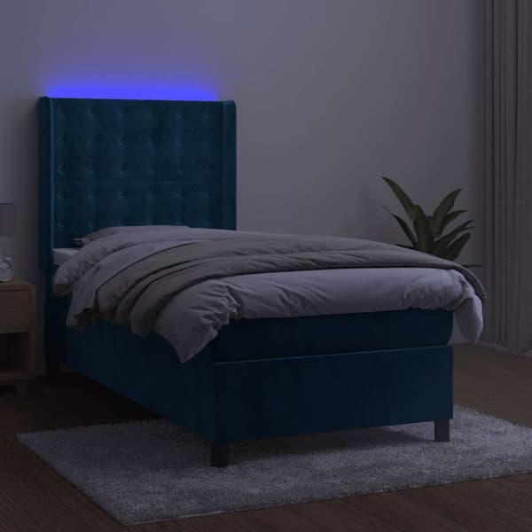 Ramsäng med madrass & LED mörkblå 90x200 cm sammet