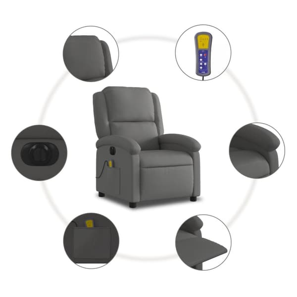 Elektrisk massagefåtölj grå äkta läder