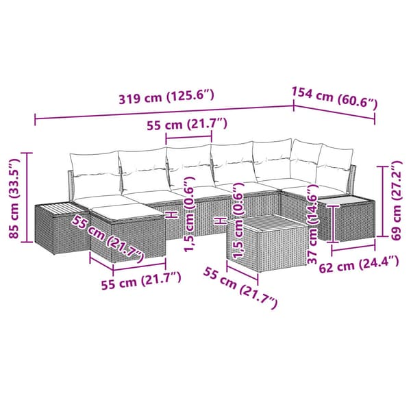 Trädgårdsoffset med kudde 8 pcs Grå Poly rattan