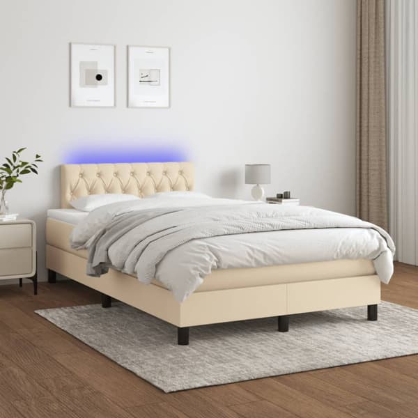 Ramsäng med madrass & LED gräddvit 120x190 cm tyg