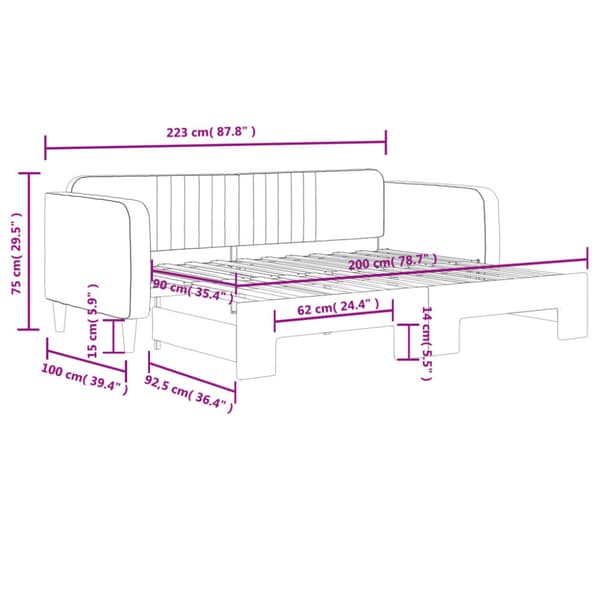 Dagbädd utdragbar mörkgrå 90x200 cm sammet