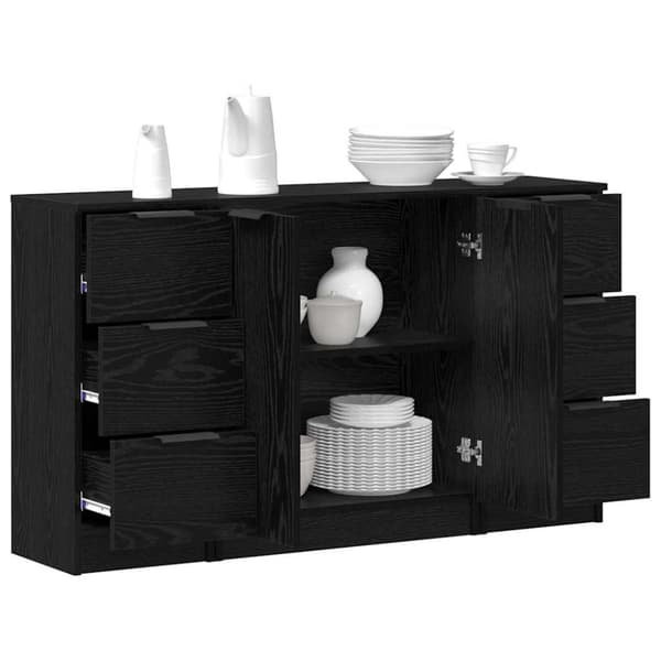 Sideboard med låda 3 pcs Svart Ek Konstruerat trä
