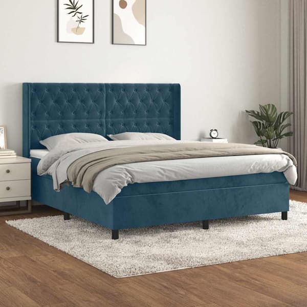 Ramsäng med madrass mörkblå 160x200 cm sammet