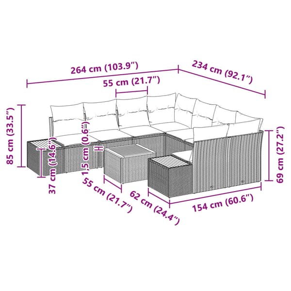 Trädgårdsoffset med kudde 9 pcs Beige Poly rattan
