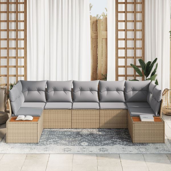 Trädgårdsoffset med kudde 7 pcs Beige och Ljusgrå Polyrattan