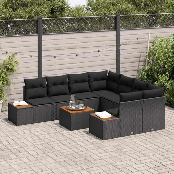 Trädgårdsoffset med kudde 9 pcs Svart Poly rattan