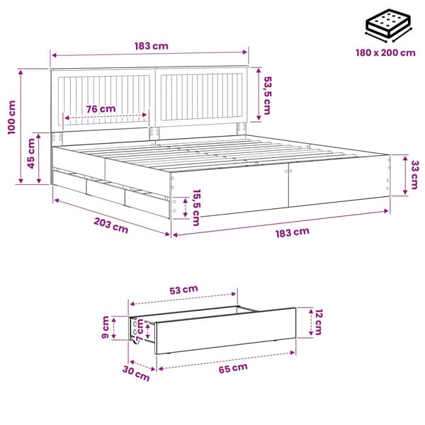 Bed Frame with Storage and Headboard Artisan Oak 180 x 200 cm