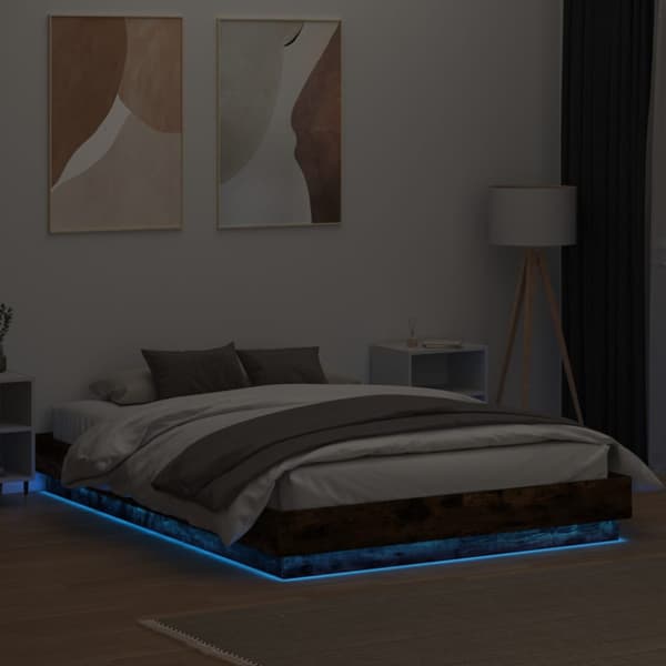 Sängram med LEDs rökfärgad ek 120x200 cm
