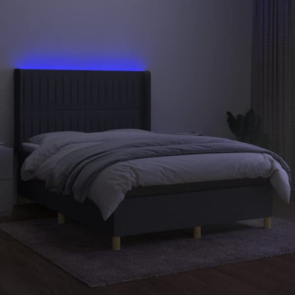 Ramsäng med madrass & LED mörkgrå 140x190 cm tyg