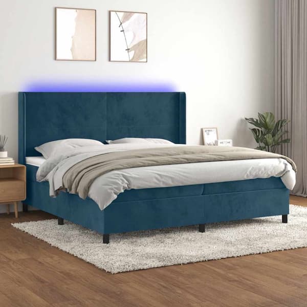 Ramsäng med madrass & LED mörkblå 200x200 cm sammet