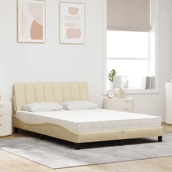 Bed with Mattress "Hanko" Cream 140x200 cm Fabric