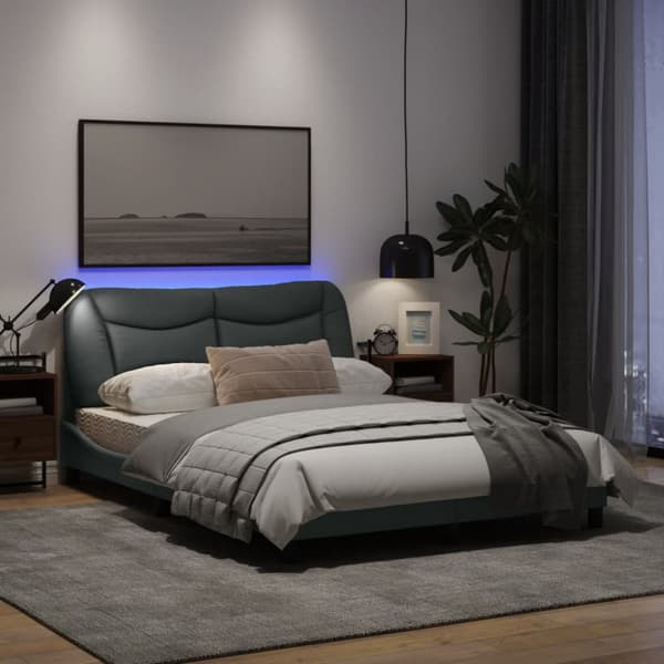 Bed Frame with LED without Mattress "Hvar" Light Grey 140x190 cm Fabric