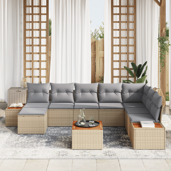 Trädgårdsoffset med kudde 9 pcs Beige och Ljusgrå Polyrattan