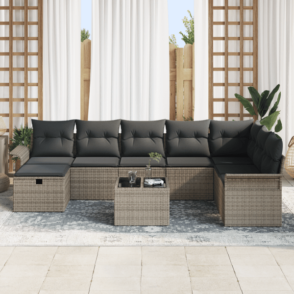 Trädgårdsoffset med kudde med lagring 9 pcs Grå Poly rattan