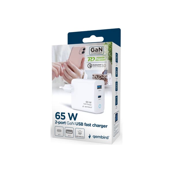 Gembird strömadapter - GaN, LED - USB-C, USB typ A - 65 watt