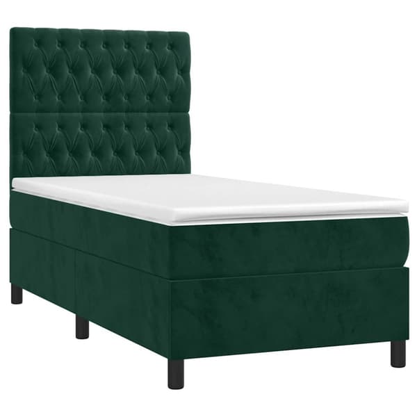 Ramsäng med madrass & LED mörkgrön 90x190 cm sammet