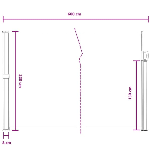 Utfällbar sidomarkis Grå 600 x 220 cm Polyester