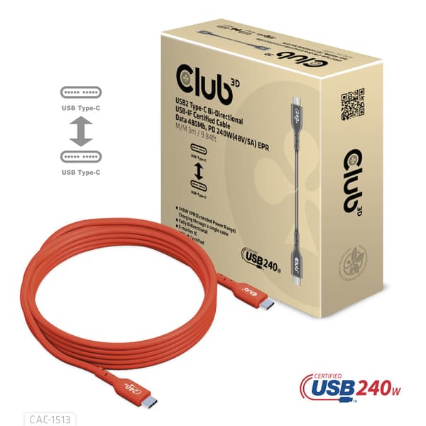 Club 3D - USB typ C-kabel - USB-C till USB-C - 3 m