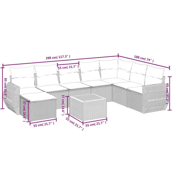 9 delar trädgårdssoffgrupp med dynor grå polyrotting