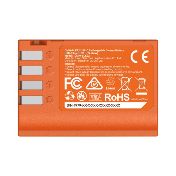 SmallRig 4979 Camera Battery USB-C Rechargeable DMW-BLK22 Orange