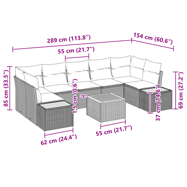 Trädgårdsoffset med kudde 8 pcs Svart Poly rattan